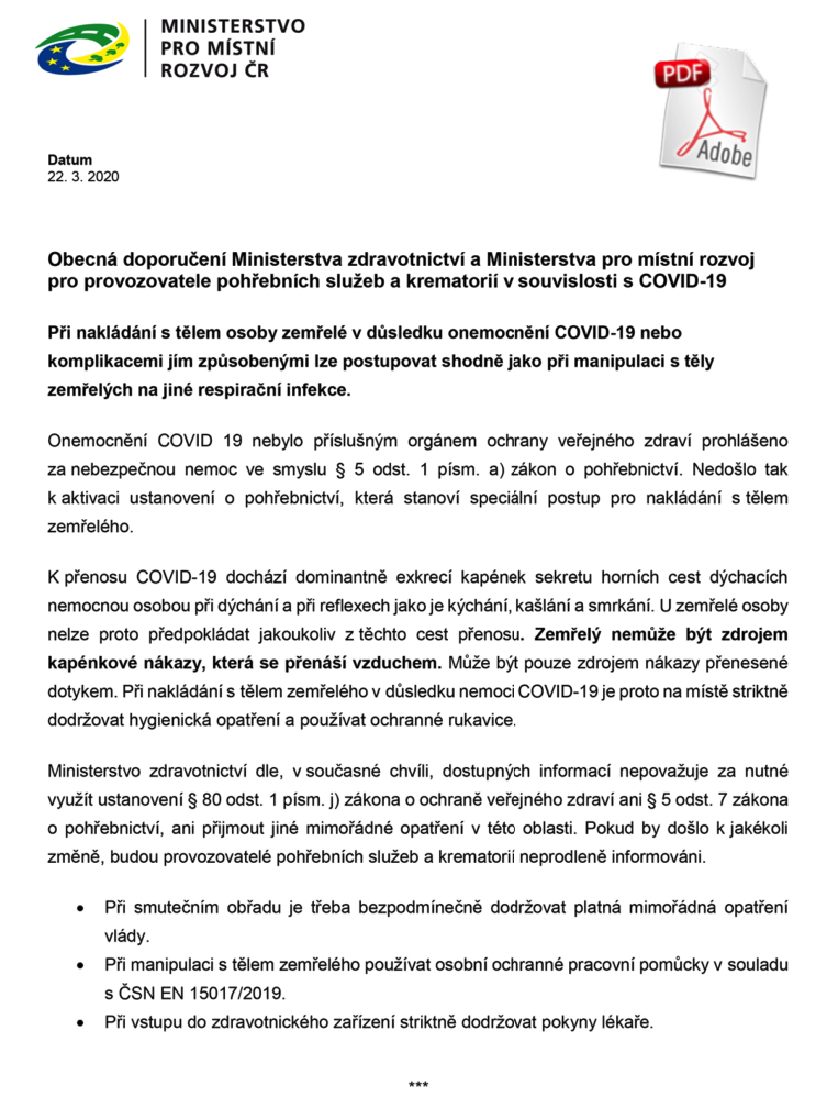 Doporučení Ministerstva zdravotnictví a Ministerstva pro místní rozvoj pro provozovatele pohřebních služeb a krematorií v souvislosti s COVID-19